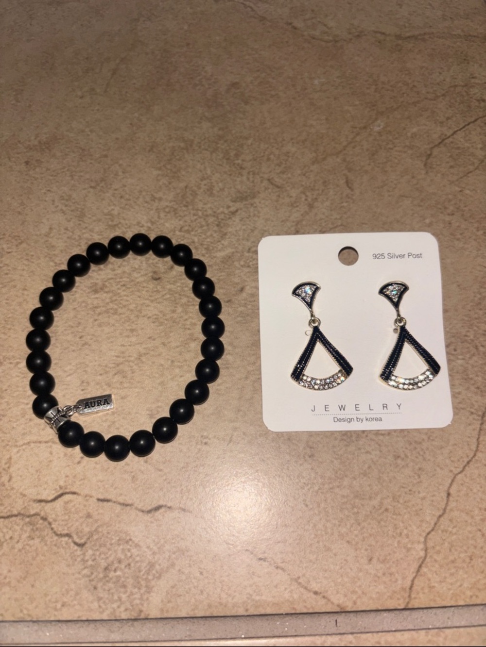 Black Beaded Bracelet with Silver Accent + Silver & Black Drop Earrings